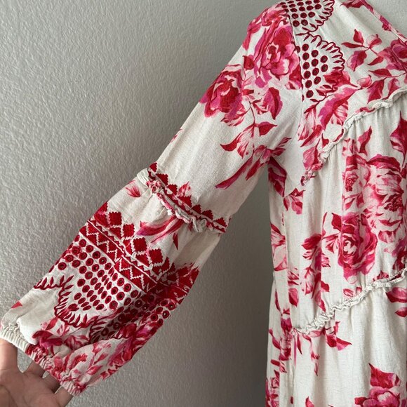 Anthropologie Red Cream Floral V-Neck Long Sleeve Tiered Dress Embroidered M - Picture 6 of 16